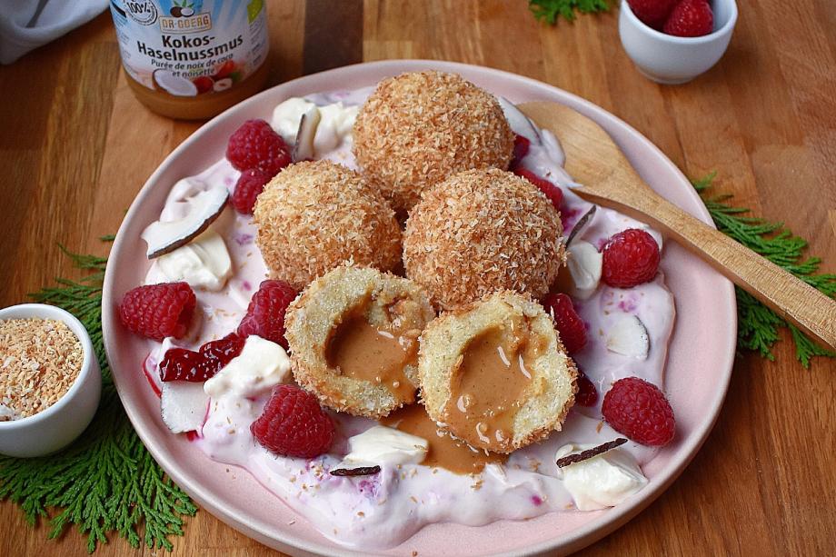 Vegane Topfenknödel mit Kokos-Haselnussmus-Füllung