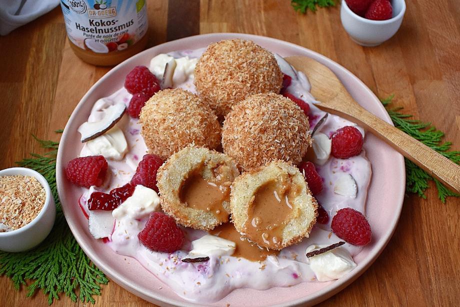 Vegane Topfenknödel mit Kokos-Haselnussmus-Füllung